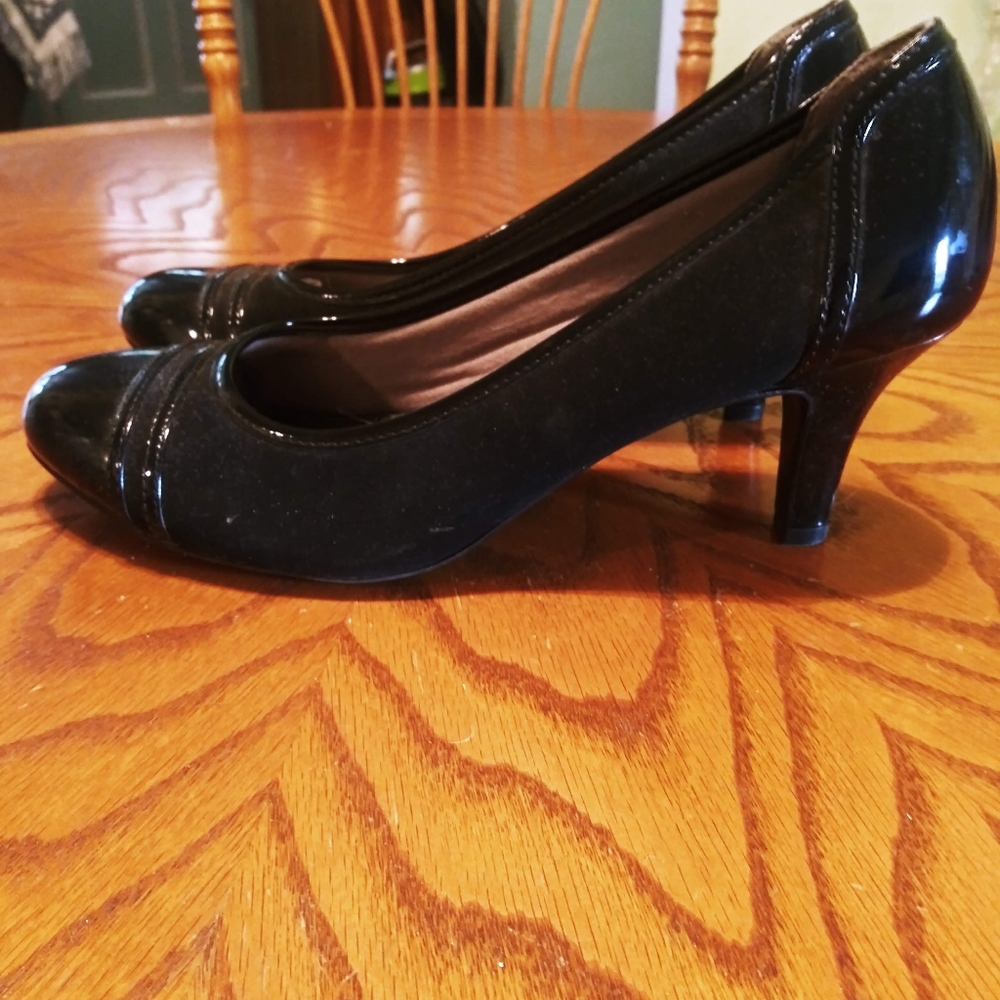 Black suede and patent leather heels